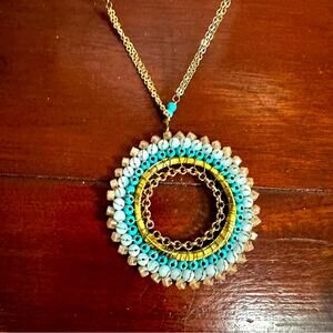 Nordstrom Panacea Circle Pendant Necklace Gold Plated Blue Bead Round